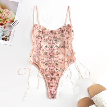 

Women lingerie Sexy Underwear Erotic Corset Lace Mesh Sleepwear Nightwear Embroidered strap one-piece sexy pajamas