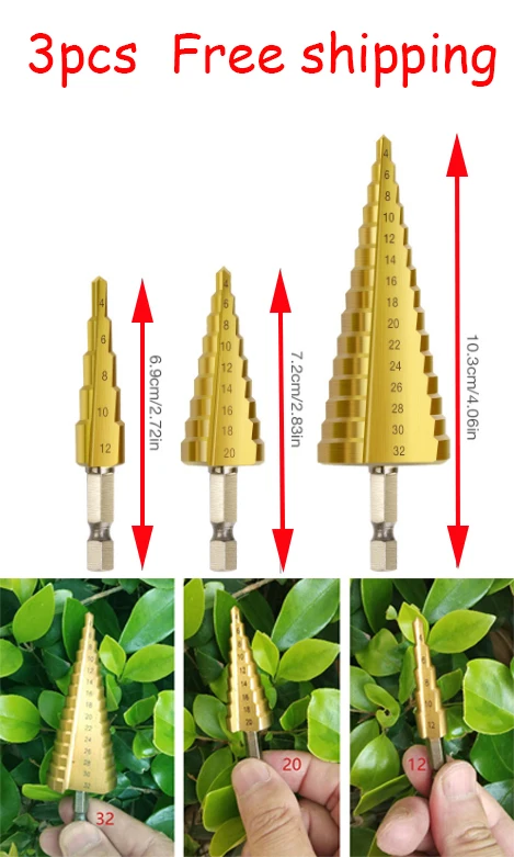 Factory sale 3pcs 1/4 Step Cone Taper Drill Bit Set Hole Cutter Metric Titanium Coated Metal Hex Stepped Drill Bits 4-12/20/32mm Factory sale 3pcs 1/4 Step Cone Taper Drill Bit Set Hole Cutter Metric Titanium Coated Metal Hex Stepped Drill Bits 4-12/20/32mm