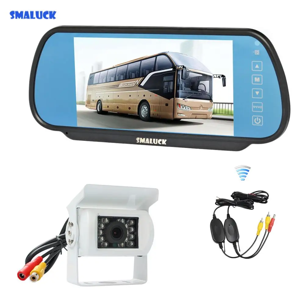

SMALUCK Wireless 12VDC 7" HD Mirror Monitor Car Monitor Waterproof CCD Rear View Car Camera White for Truck Caravan Bus Van
