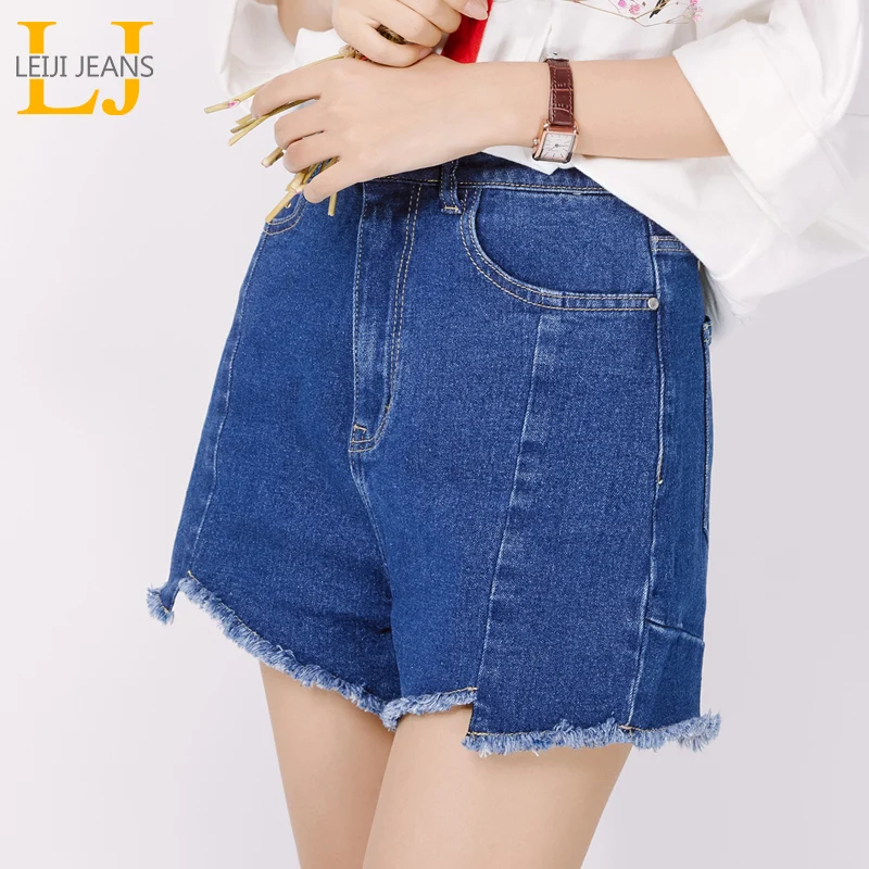 Женские джинсовые шорты LEIJIJEANS синие Асимметричные с бахромой большие размеры