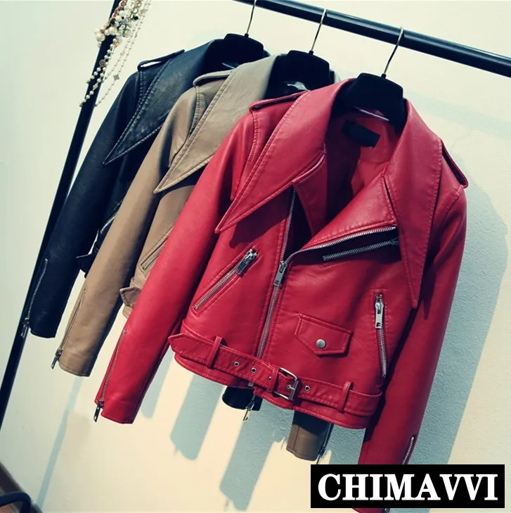 

Women Short PU Leather Jacket Personality Turn-down Collar High-end Pure Color Lady's Motorcycle Leather Jackets Slim Coats