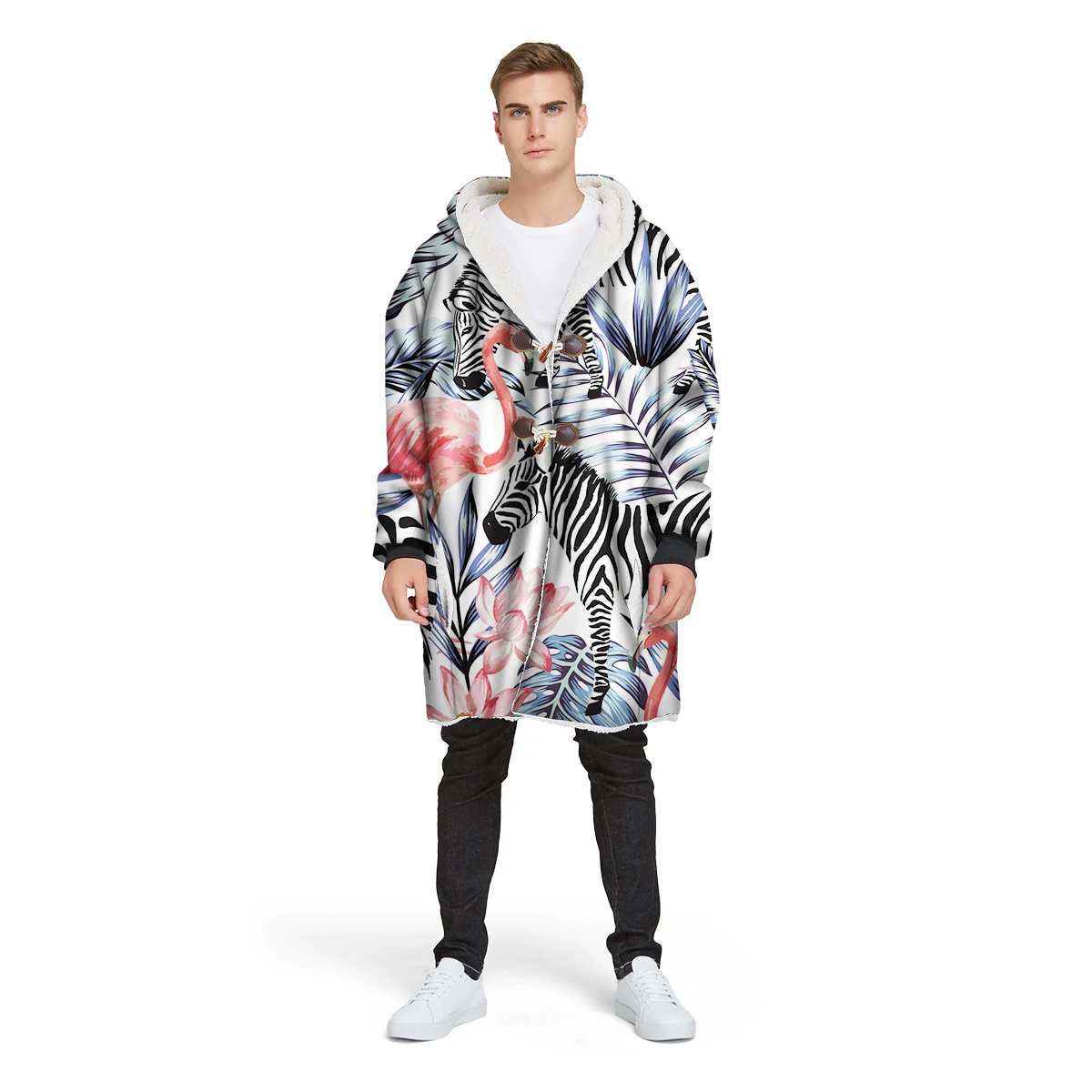 

2019 new brand 3D print custom design man's Sherpa coat loose long winter plus velvet jacket 100% polyester hooded warm CL37