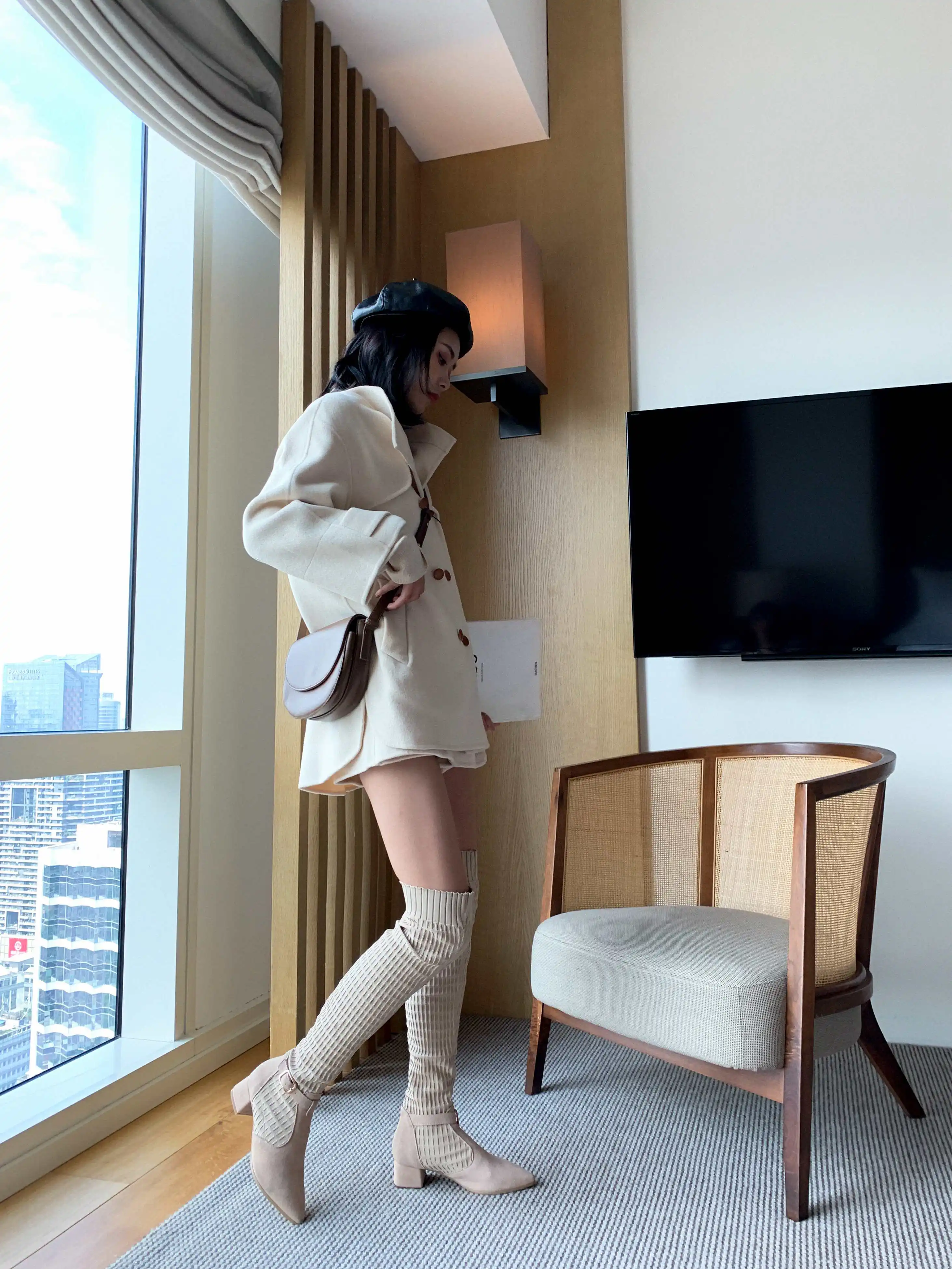 Vichelo Hot Internet star cow suede stretch fabric pointed toe med heels buckle straps winter women warm over-the-knee boots L77