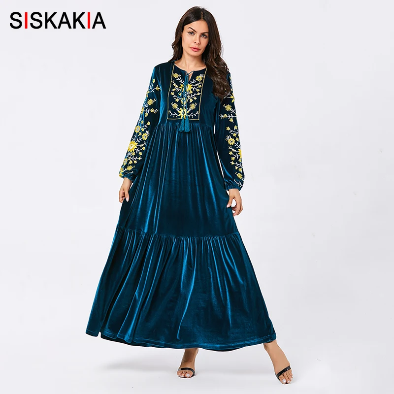 

Siskakia Velvet Long Dresses for Women Chic Floral Embroidery Ethnic Tassel Drawstring Maxi Dresses Blue Plus Size Fall 2019 New