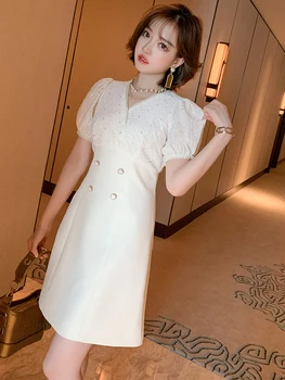 

Trendy Lace Retro Puff Sleeve Sequined Panel A- line Hem Dress Women's Fashion Summer New Style
