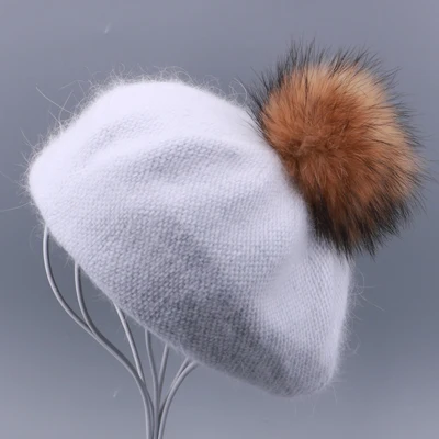 Light Blue - Raccoon Зимние береты, шапка для женщин, винтажные вязаные шапки с кроличьим мехом, однотонные женские шапки с натуральным мехом енота, помпоны, теплые шапки - Цвет: Light Blue - Raccoon
