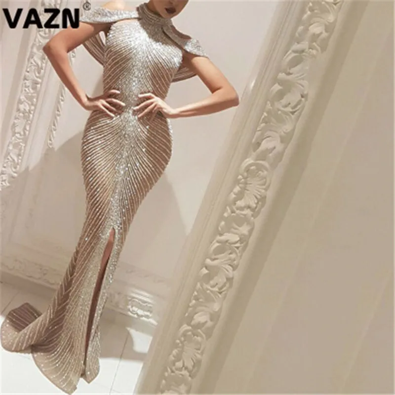 VAZN Топ Upmarket высокое качество неопрятный тяжелая промышленность с блестками сжимающее сексуальное одноцветное Холтер короткий рукав женское тонкое платье Макси
