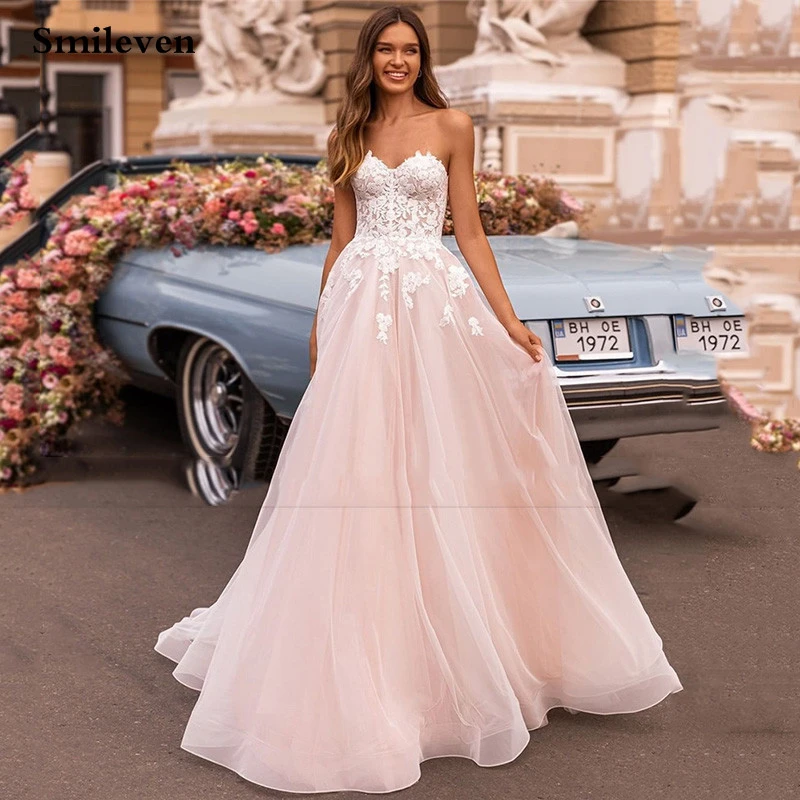 summer wedding guest dress Smileven Light Pink Modern Bridal Dresses Boho Sweetheart Wedding Dress Lace Appliques Beach Wedding Gowns 2022 winter wedding dresses