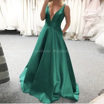 

Sexy Deep V-neck New Prom Dress Simple A-line Dark Green Formal Party Gowns Evening Dress Robe De Soiree Long Cheap Prom Gowns