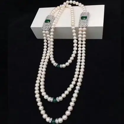 

jewelry 8-9mm natural sea white freshwater pearl necklace green jade pendant