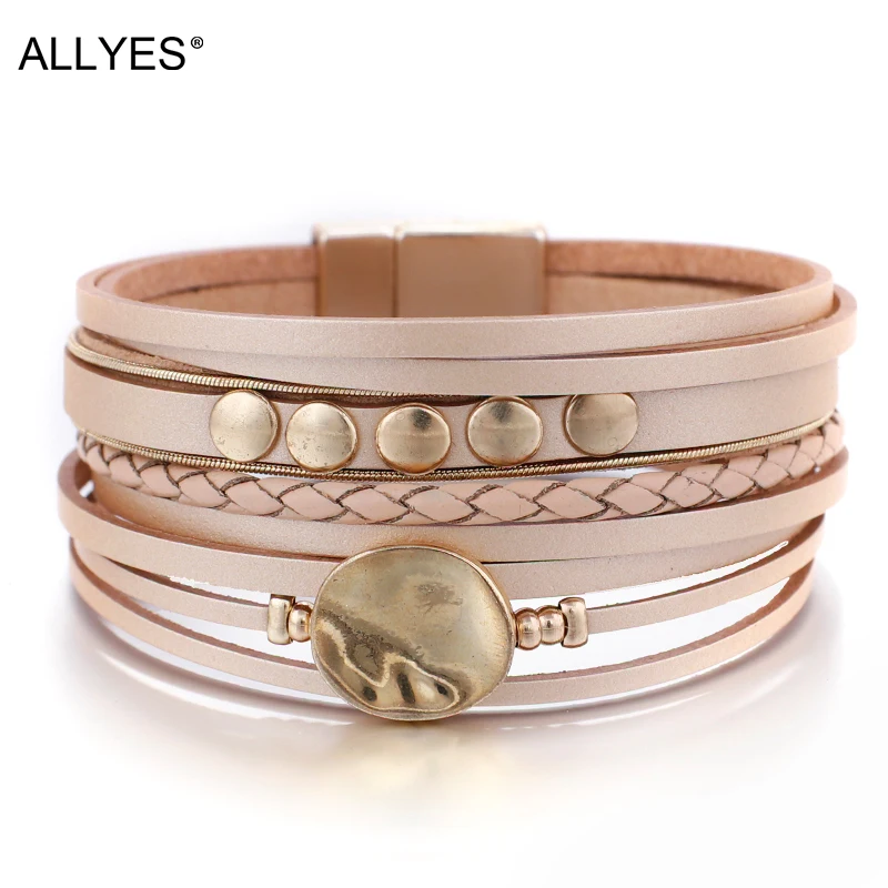 

ALLYES Leather Bracelets for Women 2019 Fashion Jewelry Metal Charm Mulitlayer Bracelet Female