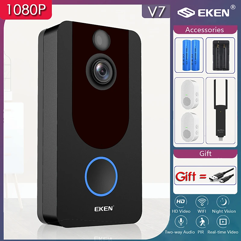EKEN-timbre inteligente V7, cámara IP 1080P, timbre de puerta de teléfono para apartamentos, alarma IR, intercomunicador de seguridad inalámbrico, WIFI, vídeo