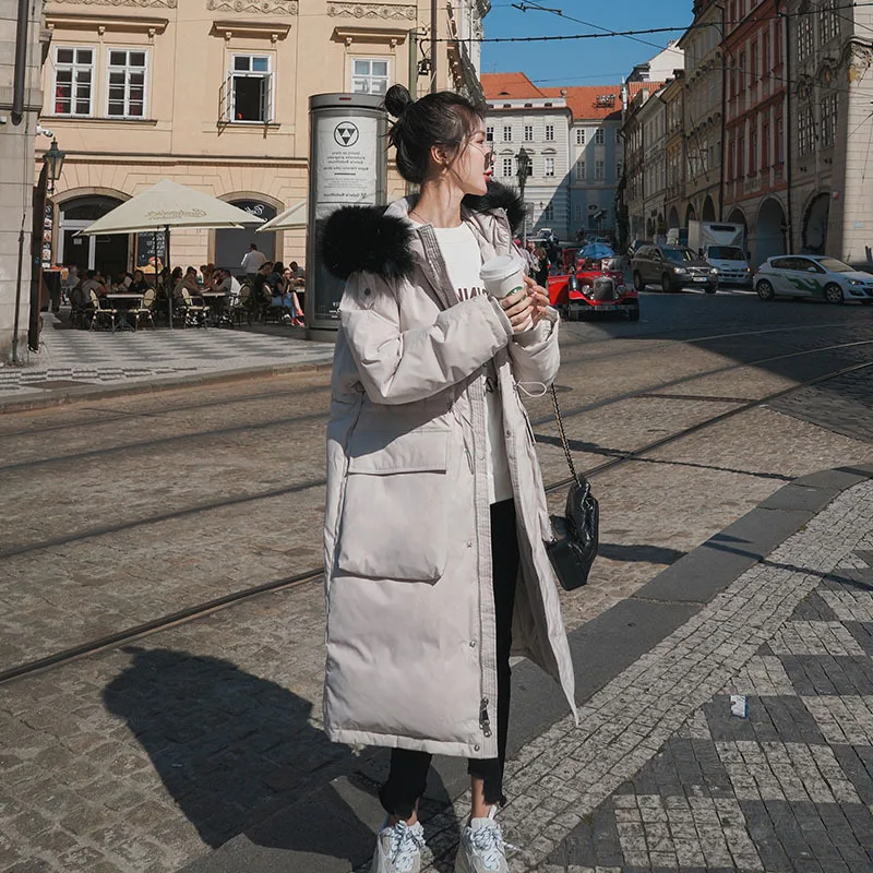 

Photo Shoot Beige White Cotton Coat Women's Long 2019 Winter New Style Korean-style Loose Casual Hooded Large Fur Collar Cotton