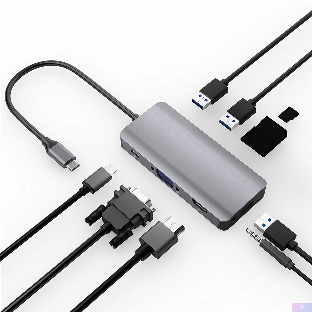 Металлическая док-станция USB 3,0 концентратор с HDMI 4 k@ 30Hz 2K@ 60Hz VGA 1080P 3,5 мм аудио SD TF кард-ридер 100W PD зарядка для ноутбуков