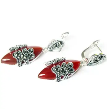 

Hot Sell VINTAGE NATURAL RED MARCASITE 925 STERLING SILVER DANGLE EARRINGS