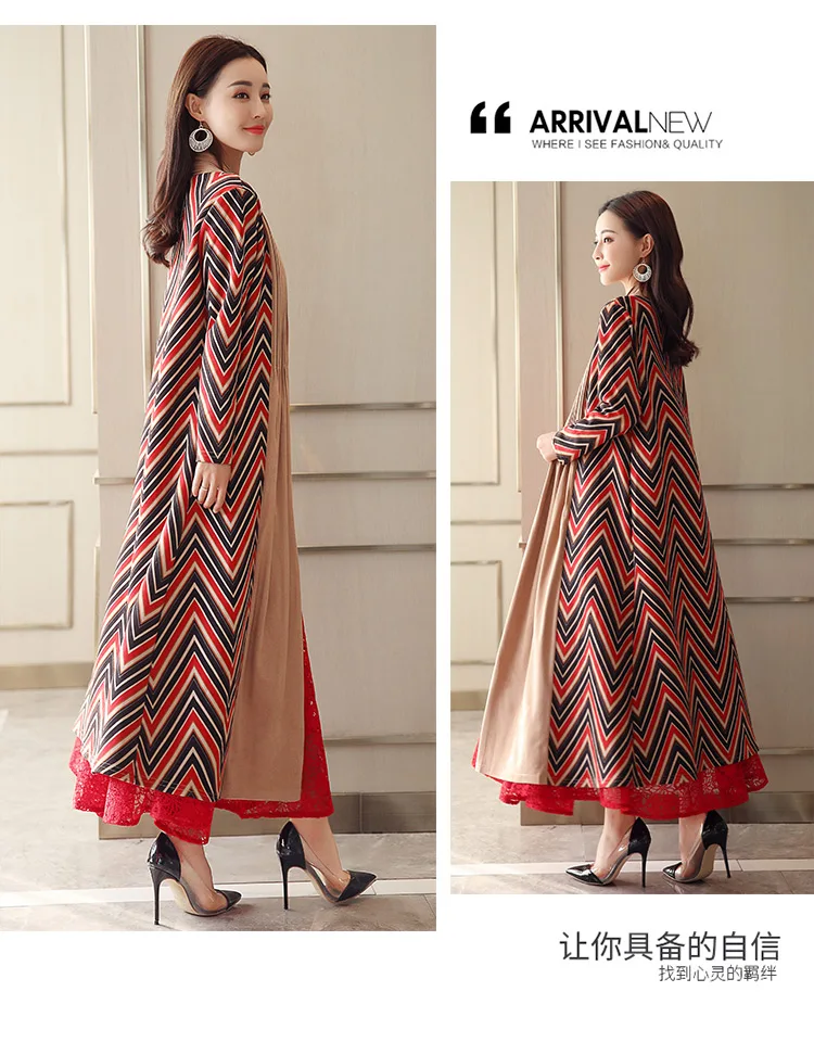 Spring And Autumn Korean-style Women's Elegant Plaid Stripes Printed Slimming over-the-Knee Long Trench Coat Elegant Large