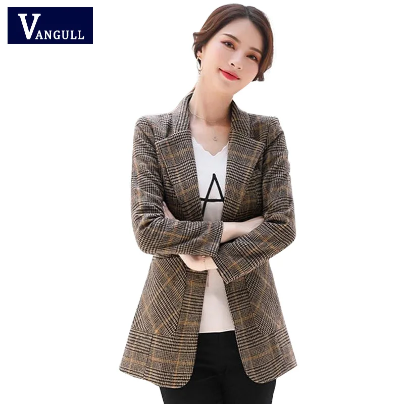Vangull Women Autumn Plaid Blazer Spring Long Sleeve Slim Checked Coat Formal Jacket Office Suit Lady Outerwear Plus size XXXXL