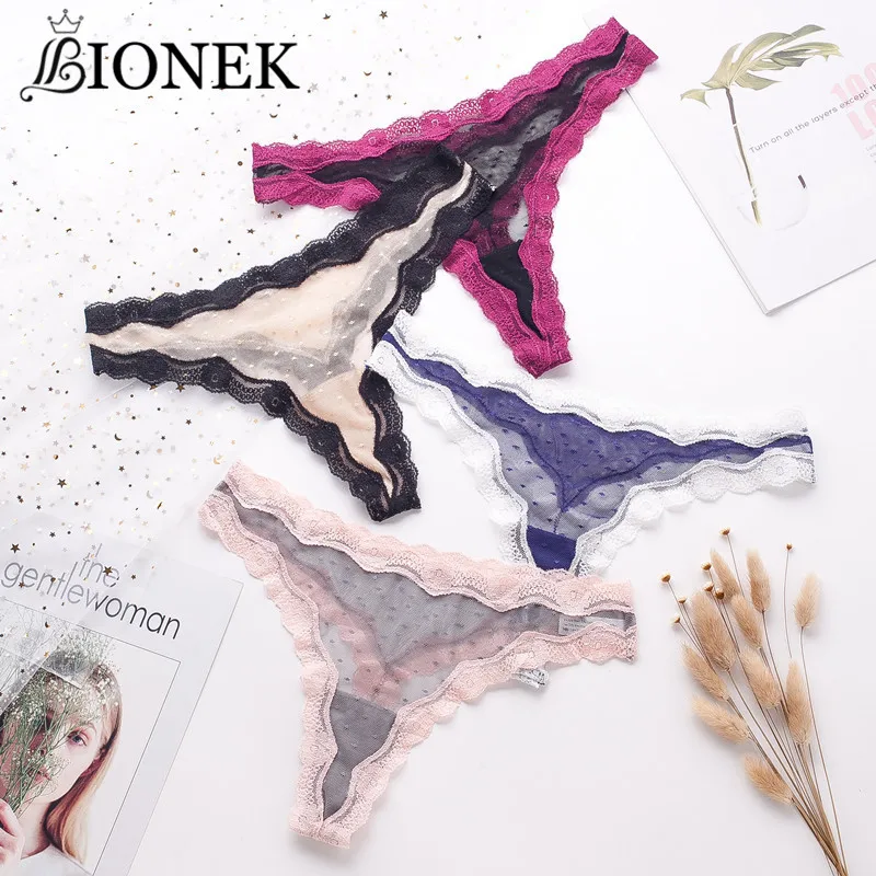 

BIONEK Sexy Lace Women's Thongs Transparent Mesh Stitching Contrast Color Female Underwear Temptation Seamless Wave Edge