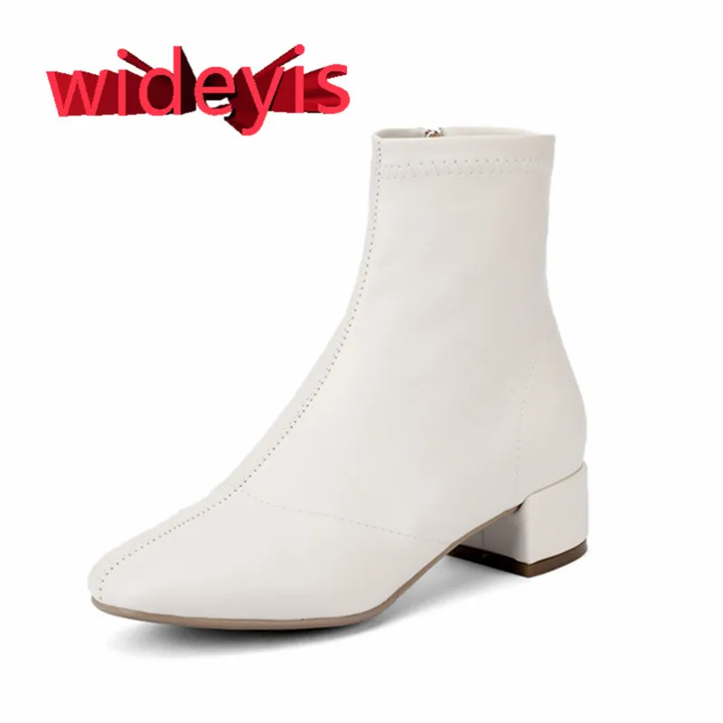 white WIDEYIS кожаные женские туфли упругие тонкие сапоги толстые с сапогами женские боковые молнии с квадратной головкой упругие эластичные женские сапоги новая зимняя мода первый слой кожаные сапоги середины икры - Цвет: white