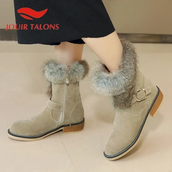 

JOUIR TALONS Winter Fur Short PLush Warm Ankle Boots Casual buckle Strap Low Heels Round Toe Zipper women shoes