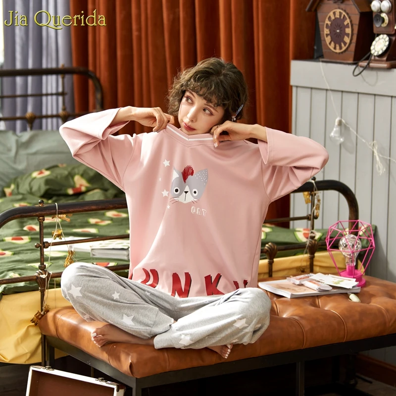 Модные женские пижамы хлопок корейский стиль плюс размер пижамный комплект с длинными рукавами с буквенным принтом штаны с принтом Ночная одежда для молодых девушек Костюм - Цвет: 9211