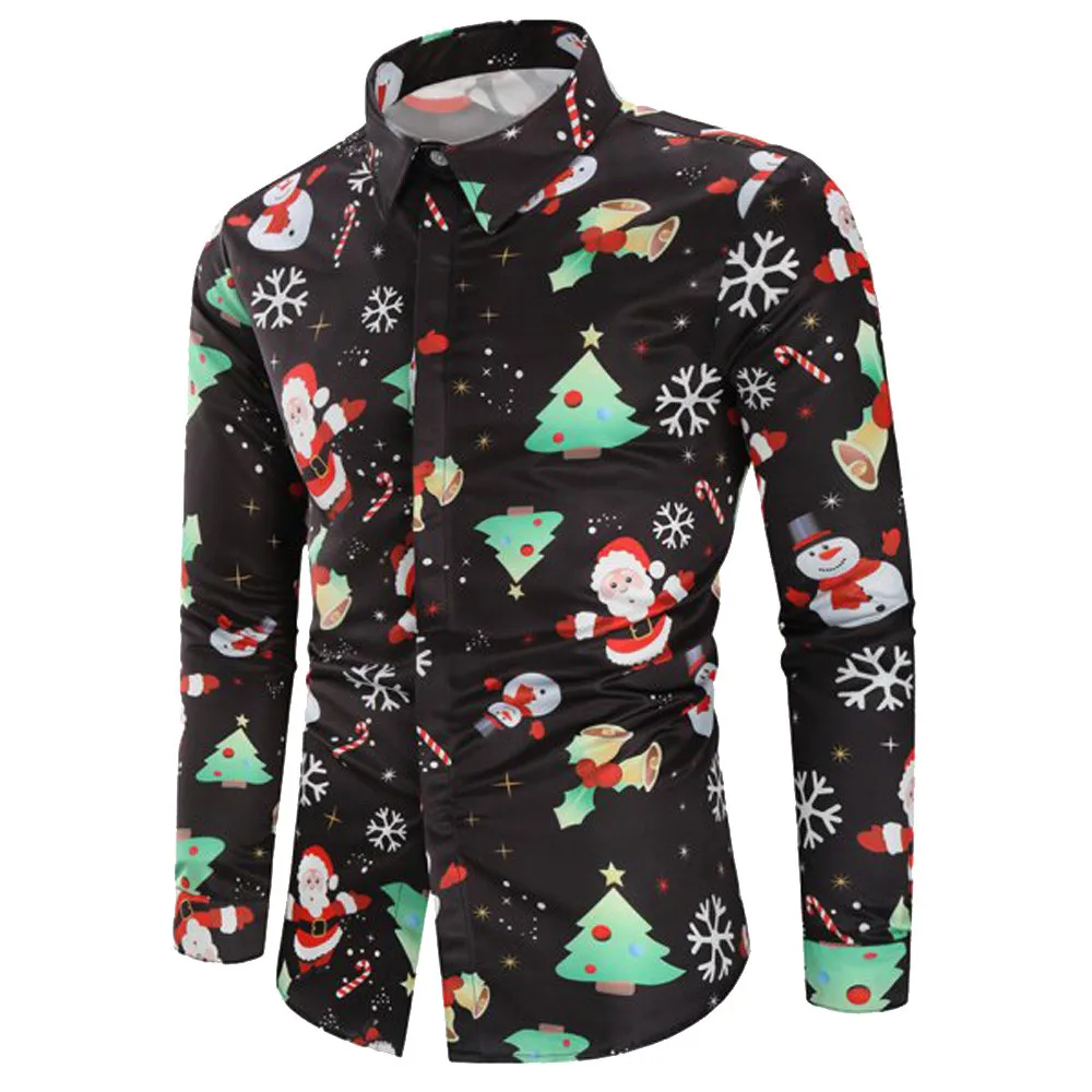 Мужские рождественские фантазийные рубашки с принтом Санта Клауса и дерева, Мужская блузка с отложным воротником и длинным рукавом, мужские блузки, топы
