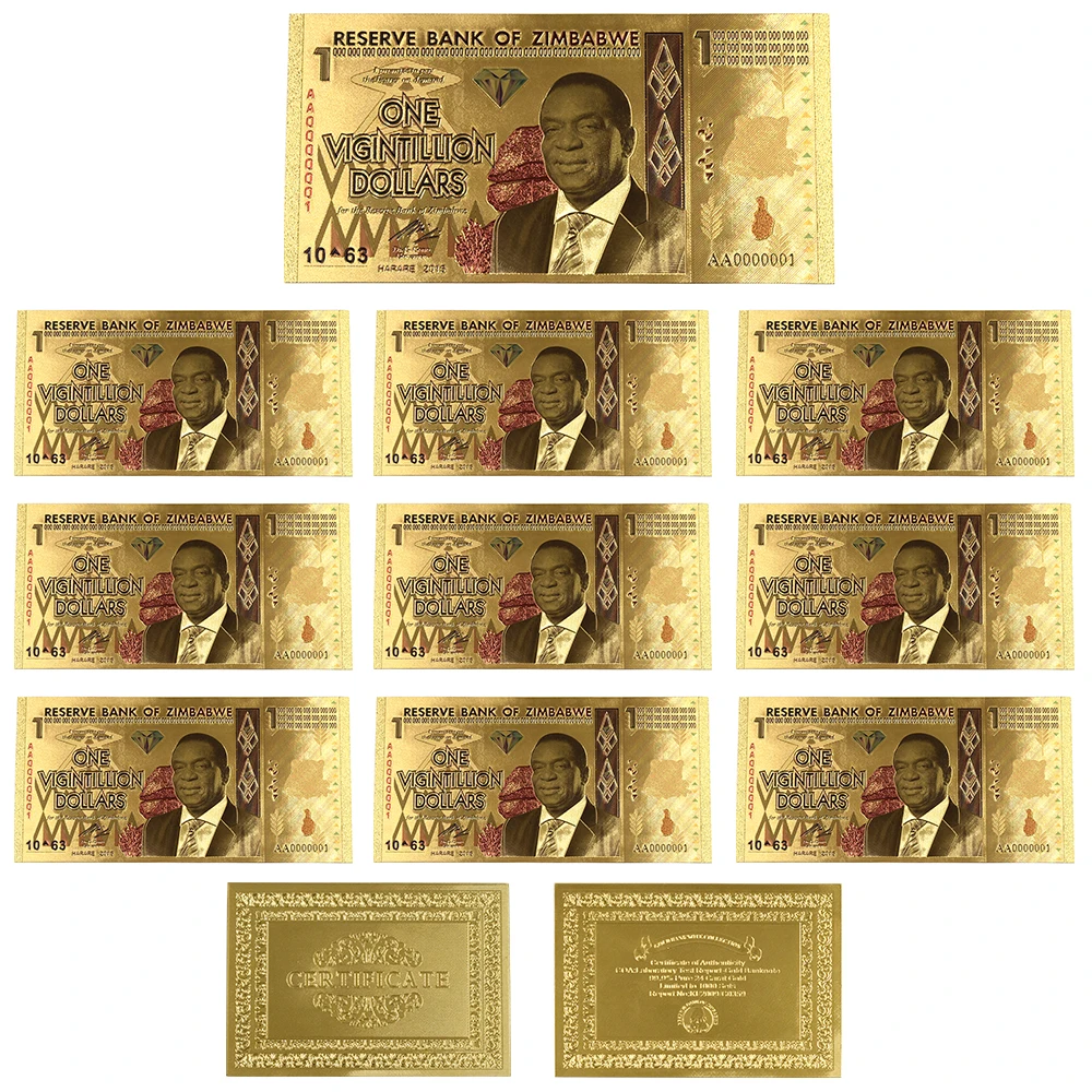 Бизнес сувенир подарки 10 шт один вигинтильон доллар Zimbabwe Виа 24 позолоченные банкноты с УФ светильник - Цвет: vigintillion2