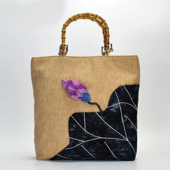 

Original Chinese style female bag retro cotton and linen shoulder bag handmade bamboo slug bag large capacity shopping bag