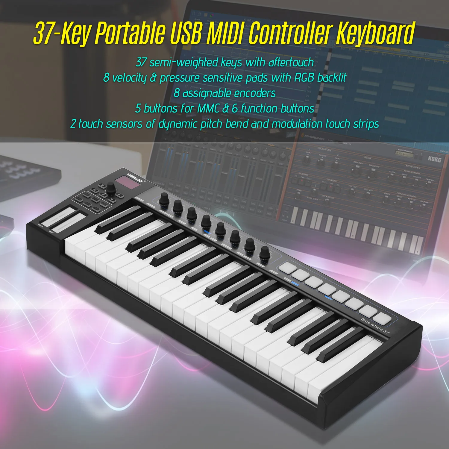 WORLDE Blue whale 37 Портативный USB MIDI контроллер клавиатура 37 полувзвешенные клавиши 8 RGB с подсветкой триггерные подушки светодиодный дисплей
