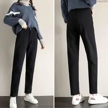 Утолщенные теплые джинсы для женщин, повседневные Бархатные брюки, свободные зимние джинсы, женские прямые джинсы с высокой талией