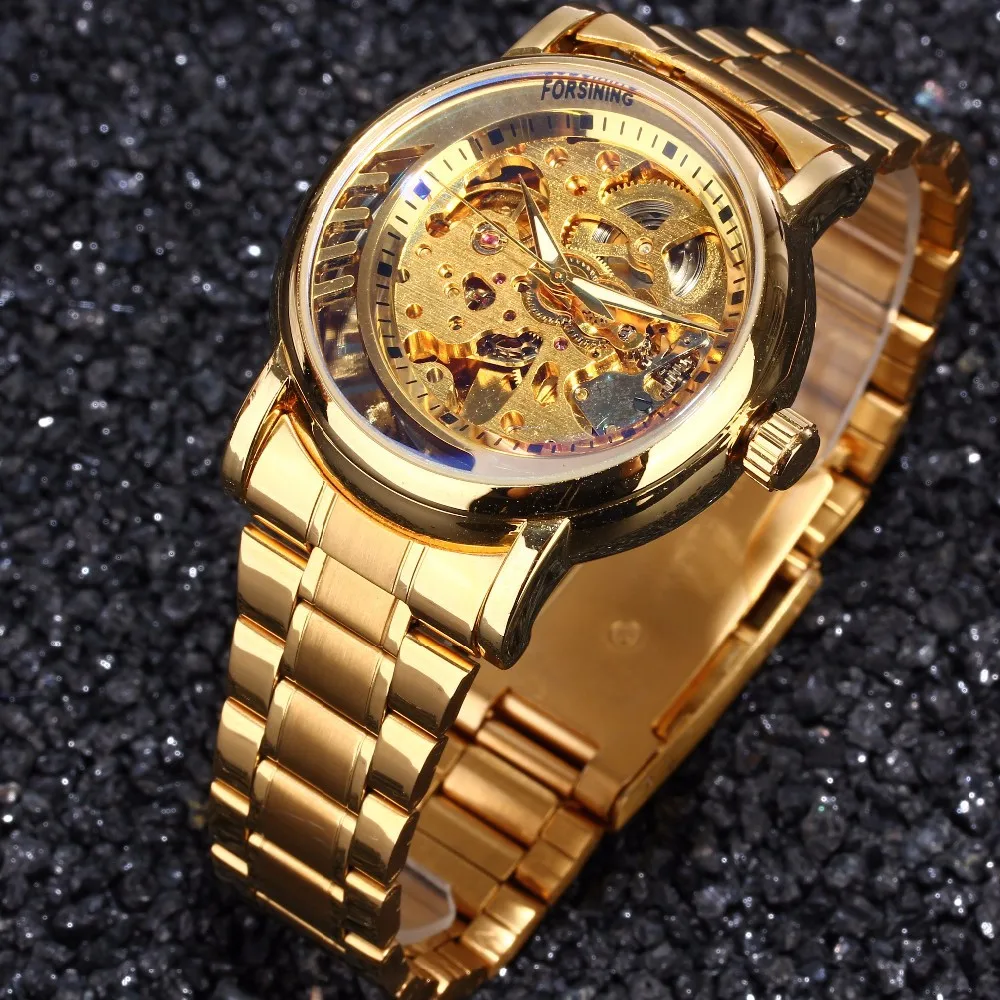 

Hot Models forsining Analog Watch Men Fashion Casual Steel Belt Hollow out Fully Automatic Analog Watch