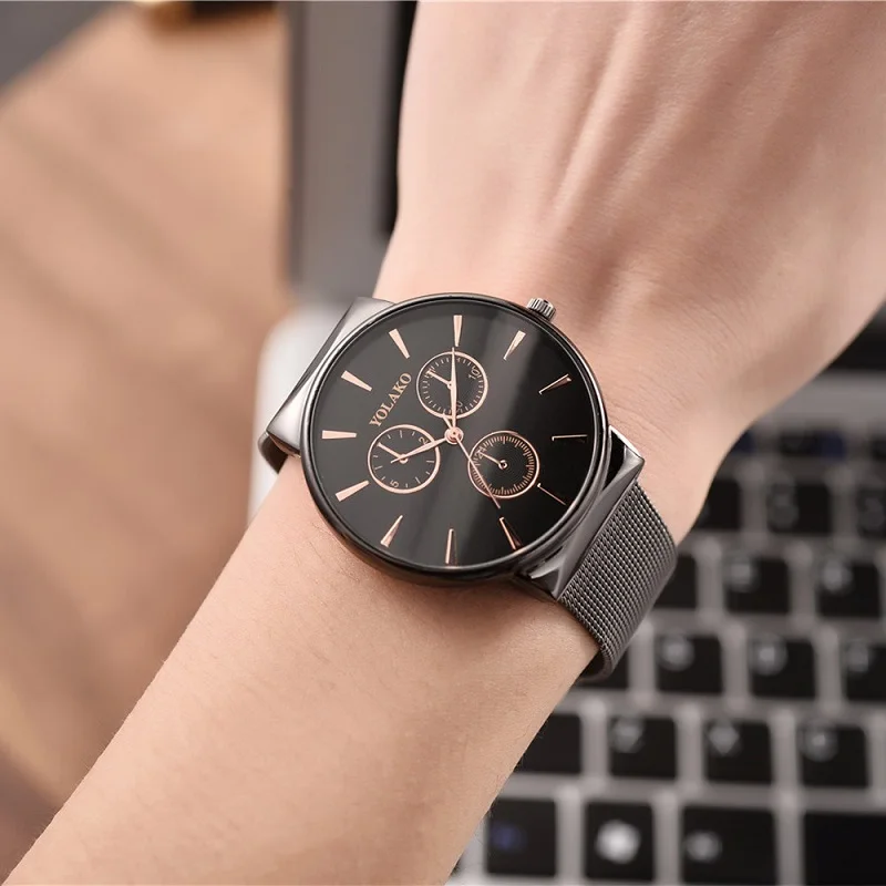 

YOLAKO Men Watch Quartz Casual Simple Stainless Steel Mesh Watches Men's Male Business Quartz Wrist Watch Clock reloj hombre