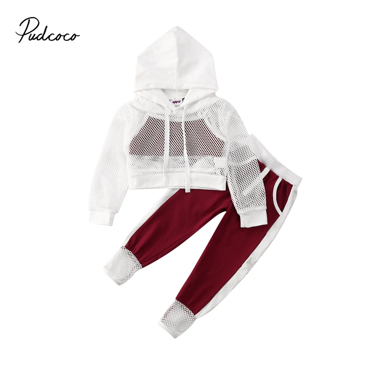 

Pudcoco Toddler Baby Girls Clothes Set Mesh Pullover Hooded Top + Camis Crop Top + Wine Red Pants 3Pcs Sports Tracksuit Outfits