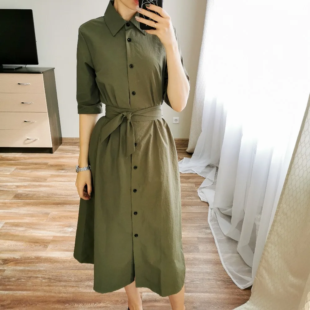 Для женщин Повседневное пояса на пуговицах спереди вечерние платья vestidos для девочек три четверти рукав, отложной воротник, плотная ткань, платье Новинка зимы, модное платье