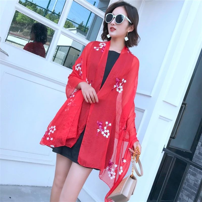 Embroidery Silk Scarves for Women New Fashion Floral Print Shawls and Wraps Thin Long Pashmina Lady Neck Scarf Hijab Femme