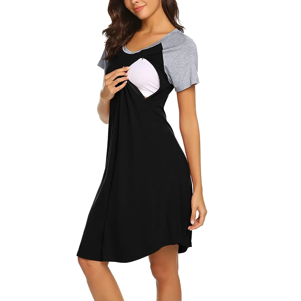 

Women's Maternity Short Sleeve Splicing Nursing Casual Slim dresses Multifunctional Color-blocking Breastfeeding Dress L1230