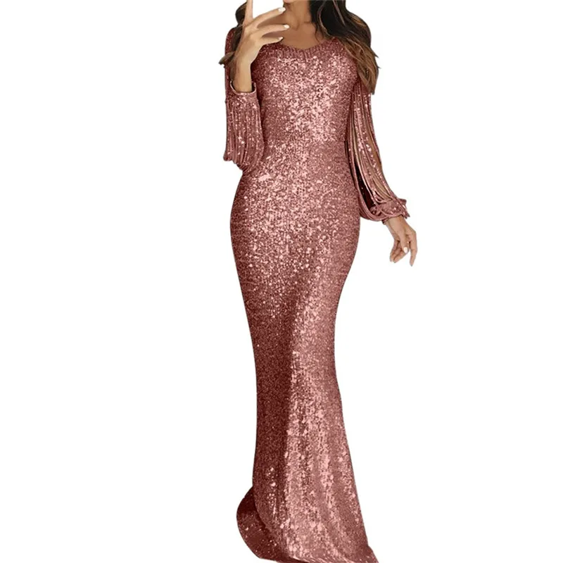 Для женщин Демисезонный платье модные, пикантные тонкие однотонные кружевное платье с глубоким v-образным вырезом, кружевное платье с длинным рукавом, с кисточками, полу-Длина длинное платье, платье - Цвет: Pink