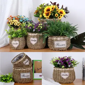 

Three Shapes Grass Straw Woven Storage Pot Garden Flower Vase Braided Basket For Balcony Home Garden Decoration 40P