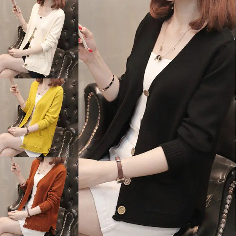 X Women's Sweater Korean V-Neck Autumn Winter Sweater Full Sleeve Single-breasted Short Loose Sweater Solid Color Knit Cardigan