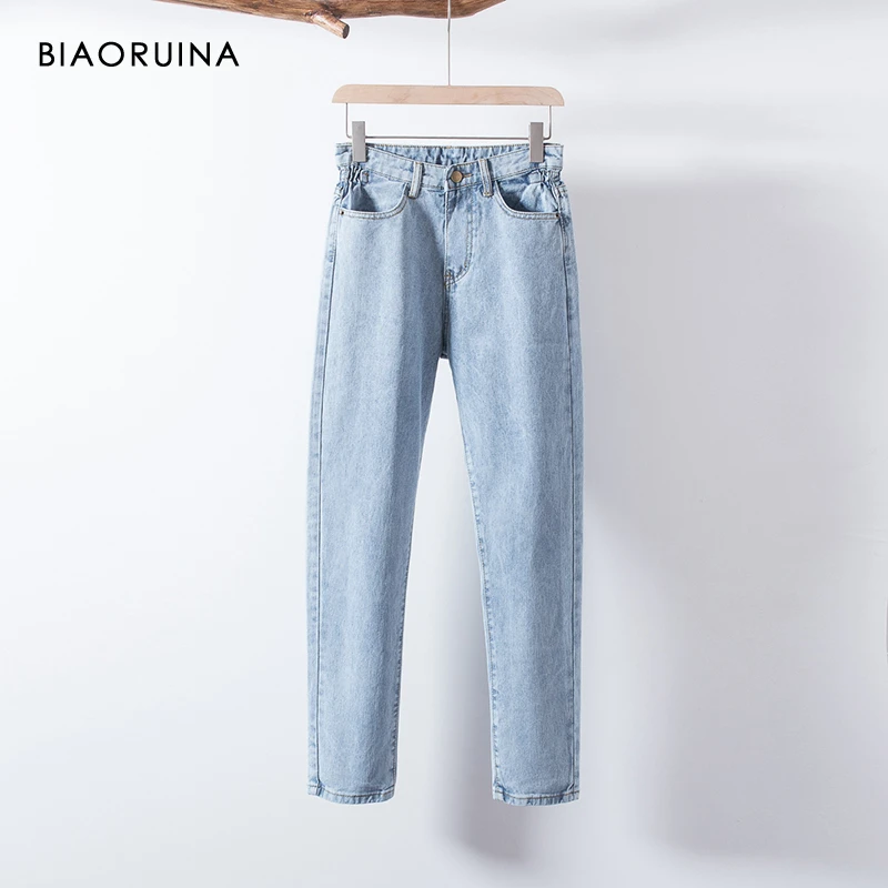 BIAORUINA, Женский светильник, голубые отбеленные джинсы, женские модные прямые джинсы с высокой талией, женские повседневные уличные джинсы