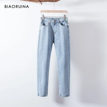 

BIAORUINA Women's Washing Light Blue Bleached Jeans Female Fashion High Waist Straight Jeans Ladies Casual Streetwear Jeans