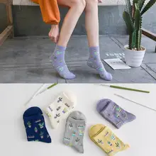 Женские однотонные хлопковые носки с цветочным принтом, короткие носки с принтом кактуса для девочек, короткие зимние носки, серые белые носки, 5 пар/лот