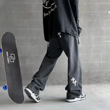 Pantalones vaqueros sueltos para hombre y mujer, ropa de calle con estampado cruzado bordado, pantalones de cintura alta, pantalones de Hip hop para monopatín, 2021