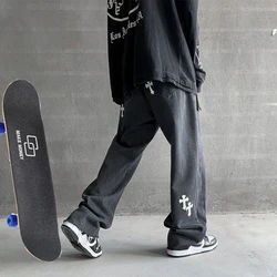 Pantalones vaqueros sueltos para hombre y mujer, ropa de calle con estampado cruzado bordado, pantalones de cintura alta, pantalones de Hip hop para monopatín, 2021