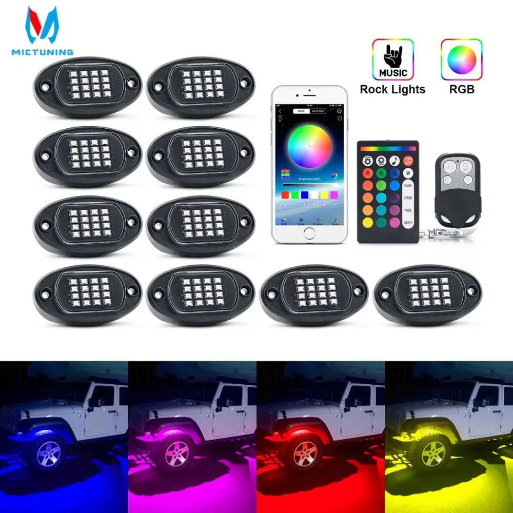 MICTUNING 10 накладки RGB светодиодный фары рок с приложением/двойной РЧ пульт