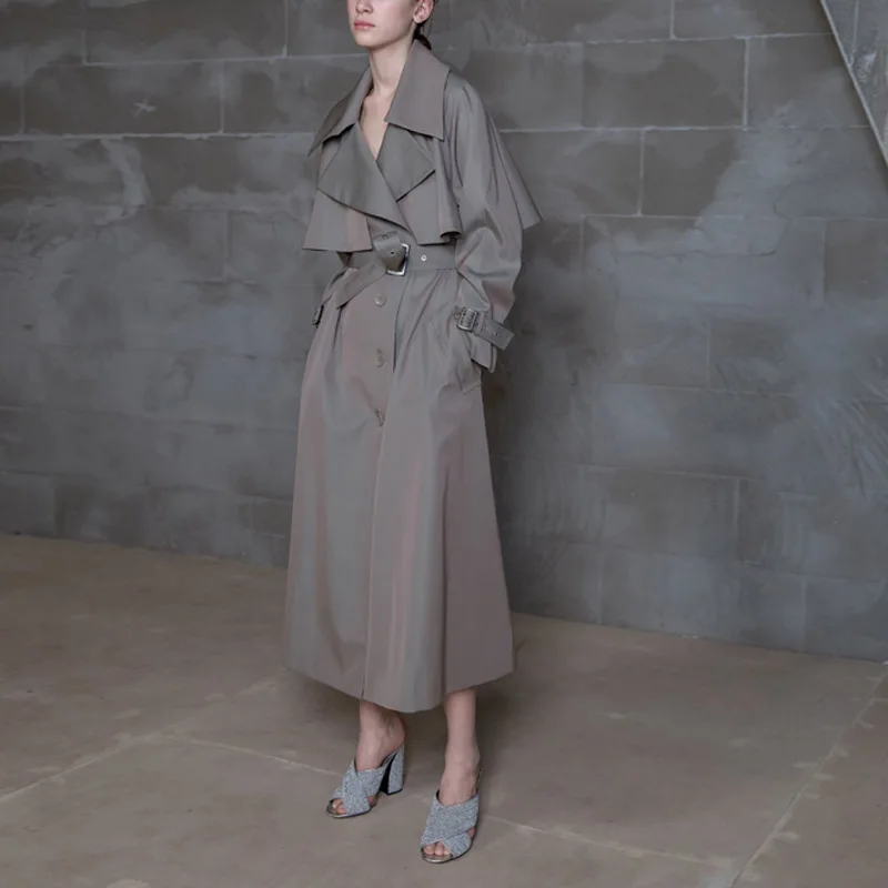 GetSpring Women Trench Coat Long Sleeve Single Breasted Women Windbreaker Lace Up High Waist Women Coats X-Long Overcoat Autumn