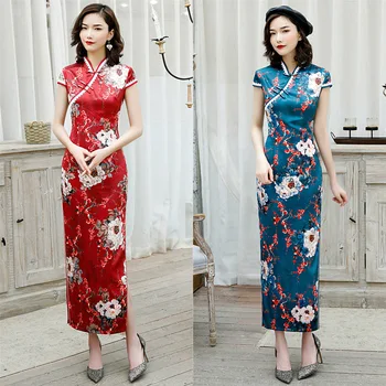 

Oversize 4XL 5XL Vintage Oriental Style Women Stage Show Long Qipao Summer Print Floral Elegant Evening Dress Rayon Cheongsam