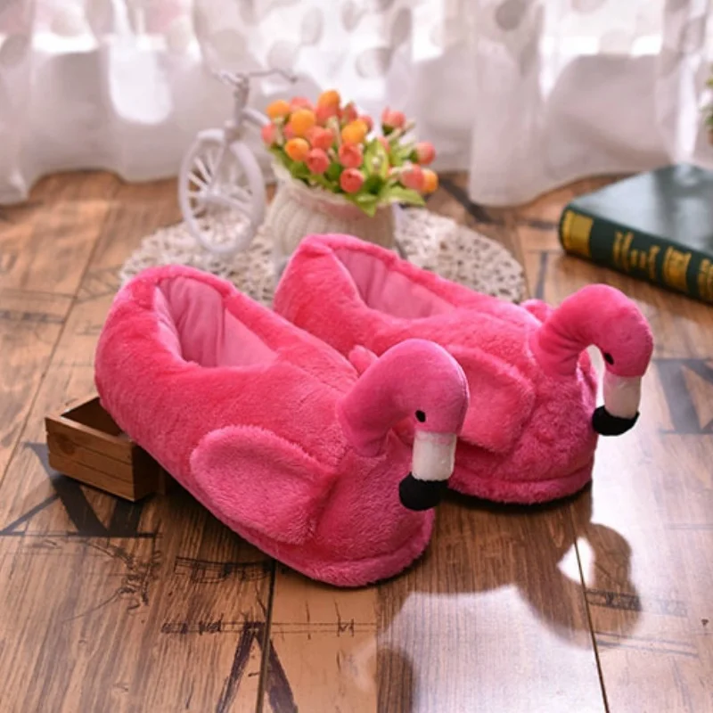 

Winter Women Indoor Slippers Flamingo Mules Fur Plush Warm Slippers Platform Cartoon Slip on Unisex Home Slippers 2022w