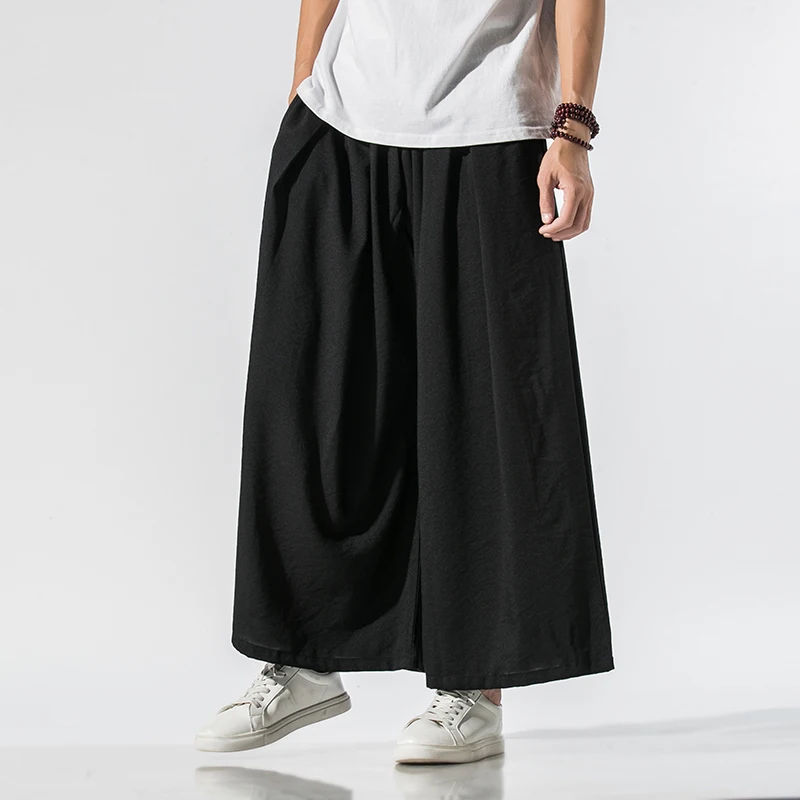Men Linen Baggy Pants Mens Chinese Style Draped Solid Cotton Pants Man Traditional Wide Leg Male Hip Hop Trousers