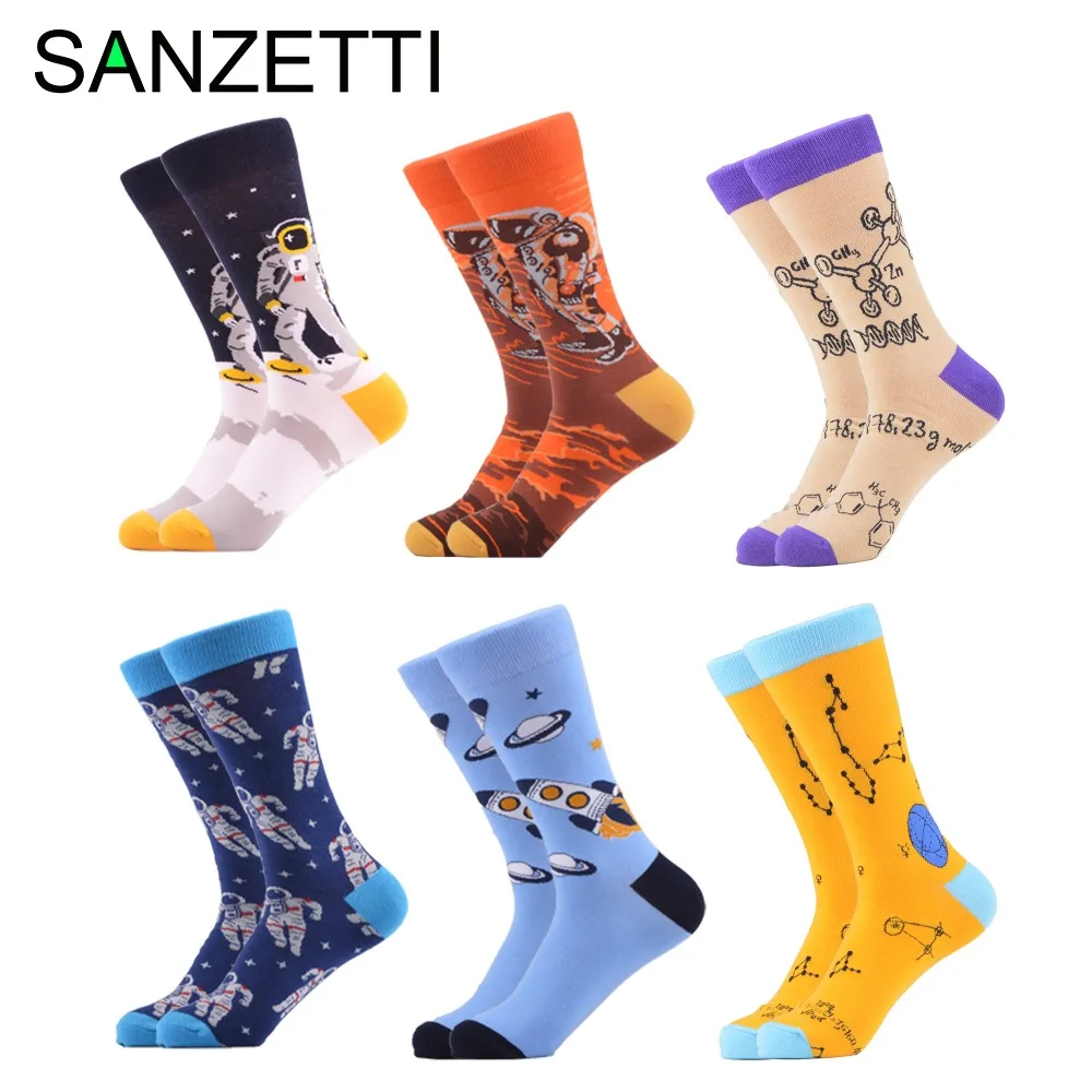 SANZETTI, 6 пар/лот, мужские повседневные носки из чесаного хлопка, цветные мягкие платья с узором, удобные креативные носки для свадебной вечеринки